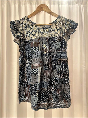 Geometric Print Blouse in Blue & Brown